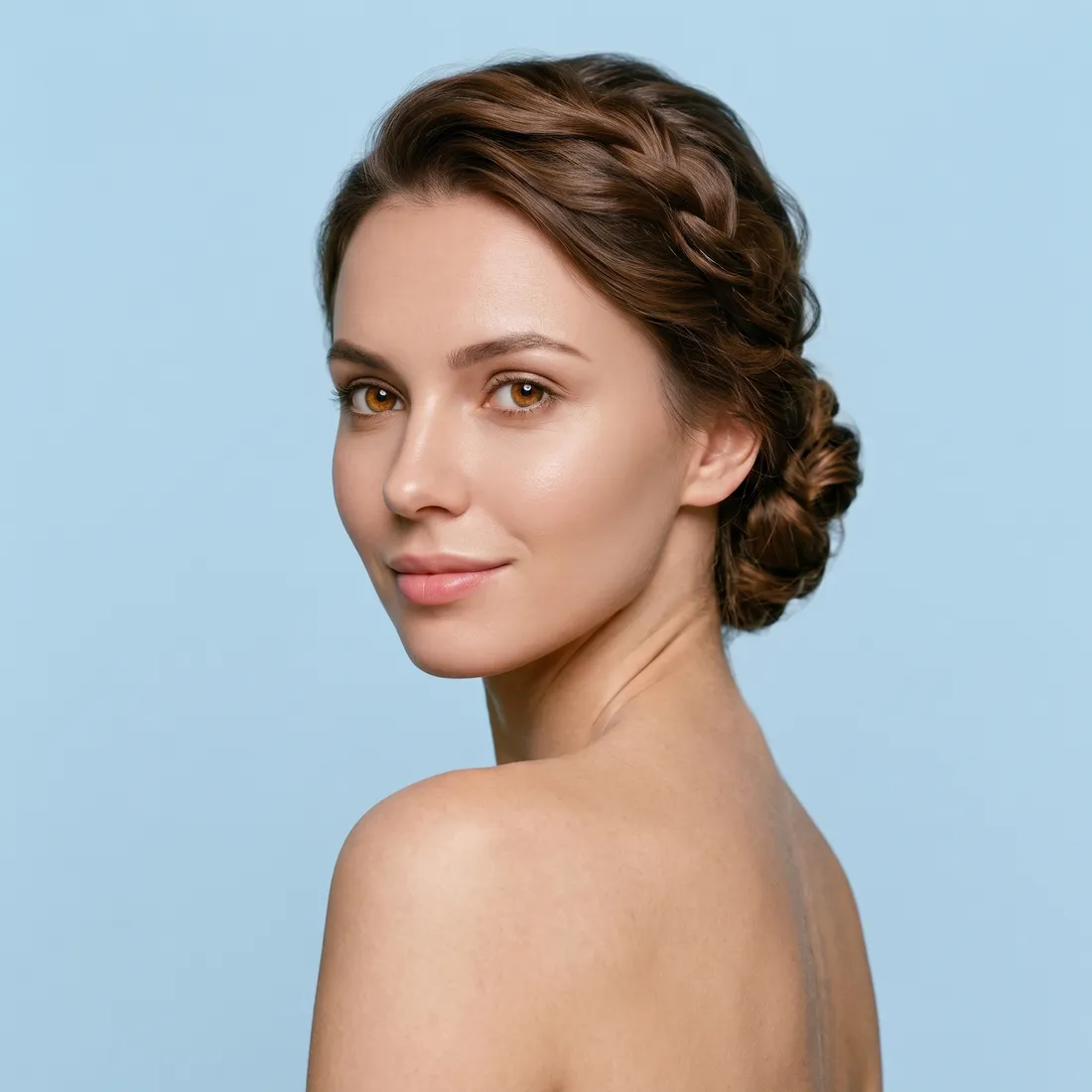 A patient with refined, balanced facial features photographed against a soft blue studio backdrop